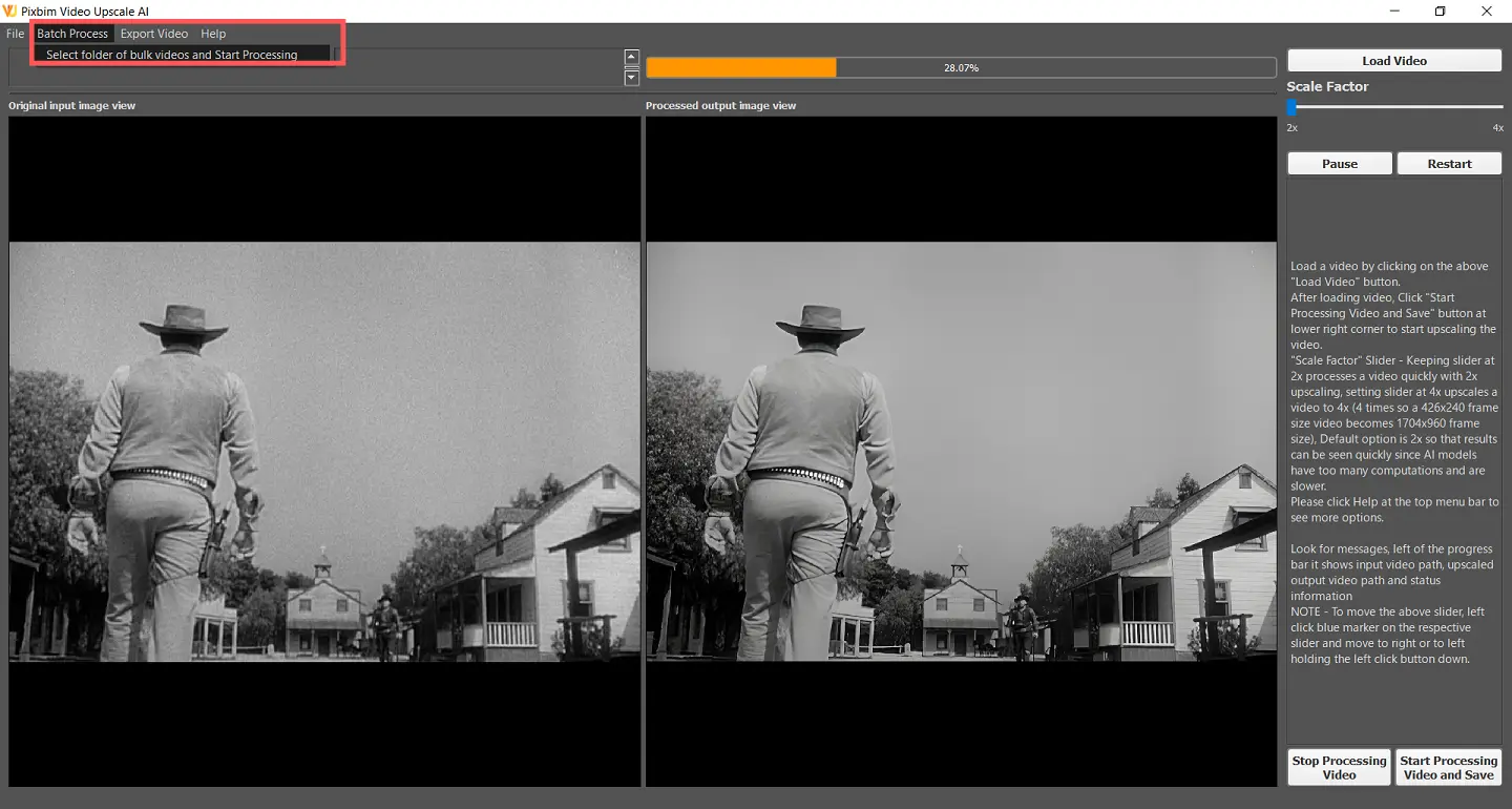 Screenshot shows an option Batch Process in Pixbim Video Upscale ai
